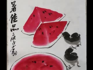 painting chengshu de xigua (ripe watermelon) xuan rice paper painting technique