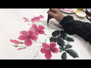 traditional chinese guohua painting (chinese national painting). painting hibiscus flower