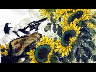 traditional chinese guohua painting (chinese national painting). painting sunflowers.