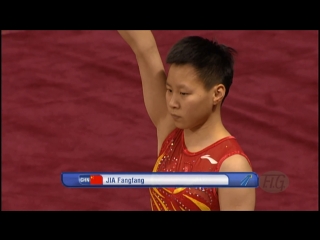 the victory of the chinese gymnast jia fangfang (acrobatic track), in 2013 at the trampoline worlds sofia.